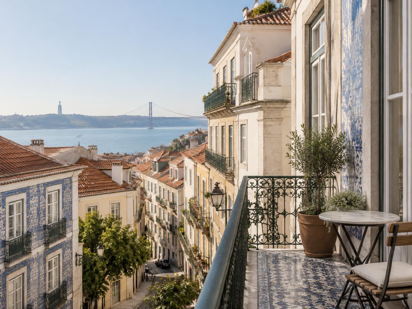 A sunlit Lisbon balcony overlooking the city